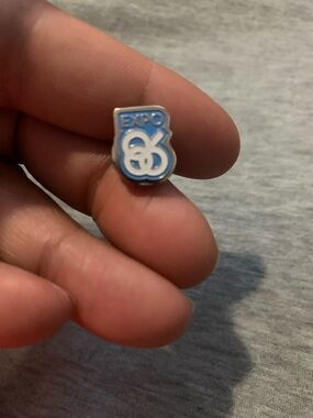 Vintage Expo '86 Blue and White Pin unisex